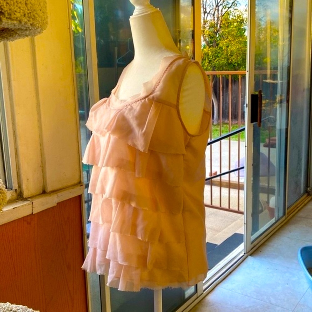 LOFT ANN TAYLOR LOFT BLUSH PINK SLEEVELESS TIERED SHEER RUFFLE TOP Sz SM…